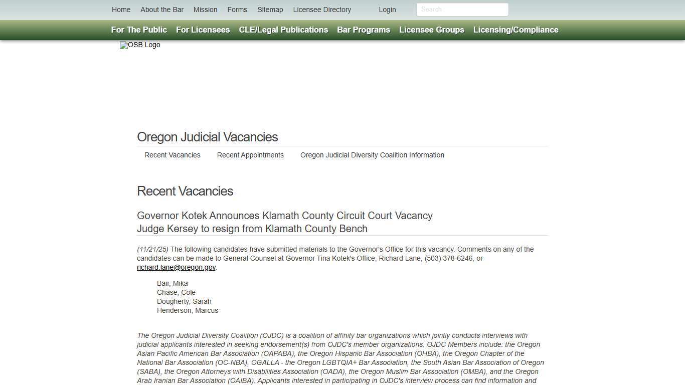 Oregon Judicial Vacancies