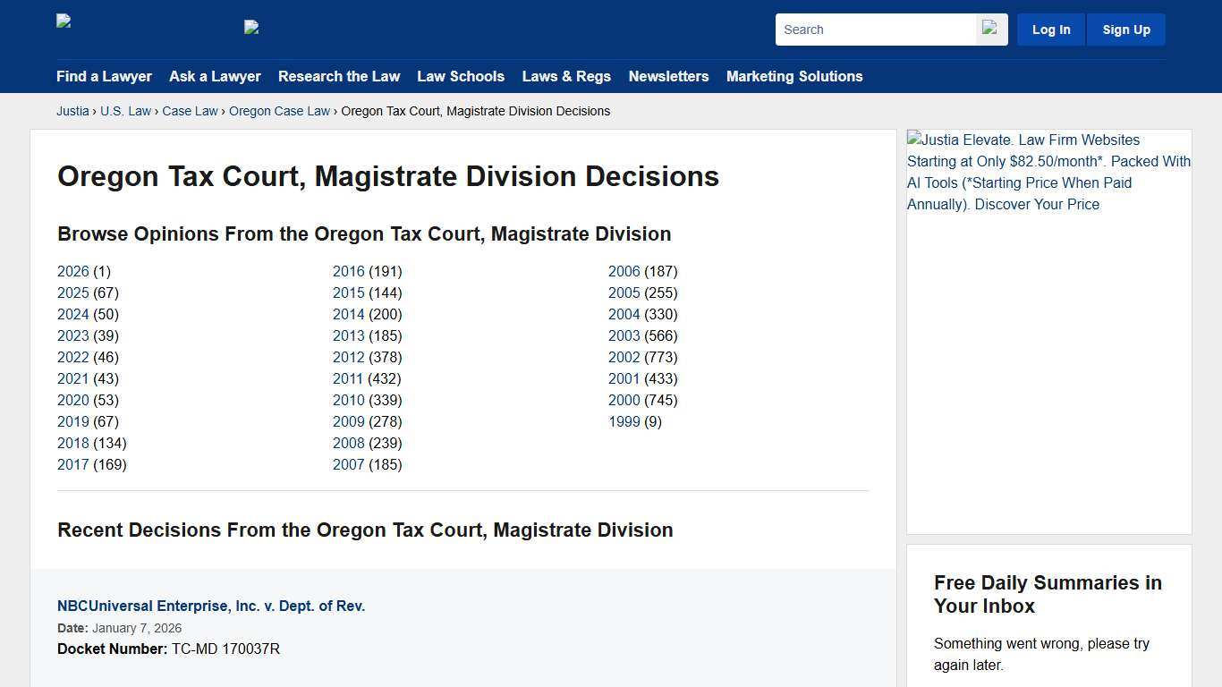 Oregon Tax Court, Magistrate Division Decisions :: Oregon Case Law :: Oregon Law :: U.S. Law :: Justia