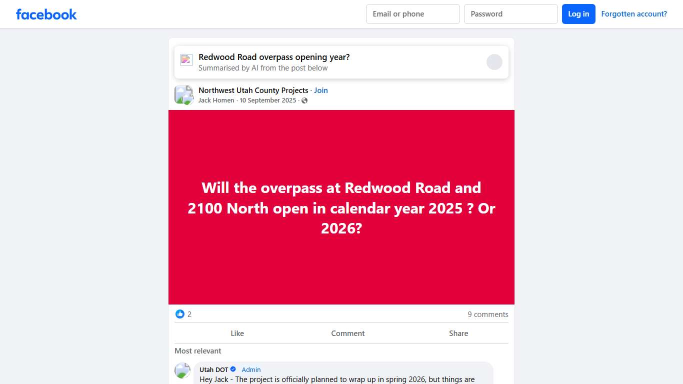 Northwest Utah County Projects Will the overpass at Redwood Road and 2100 North open in calendar year 2025 Facebook